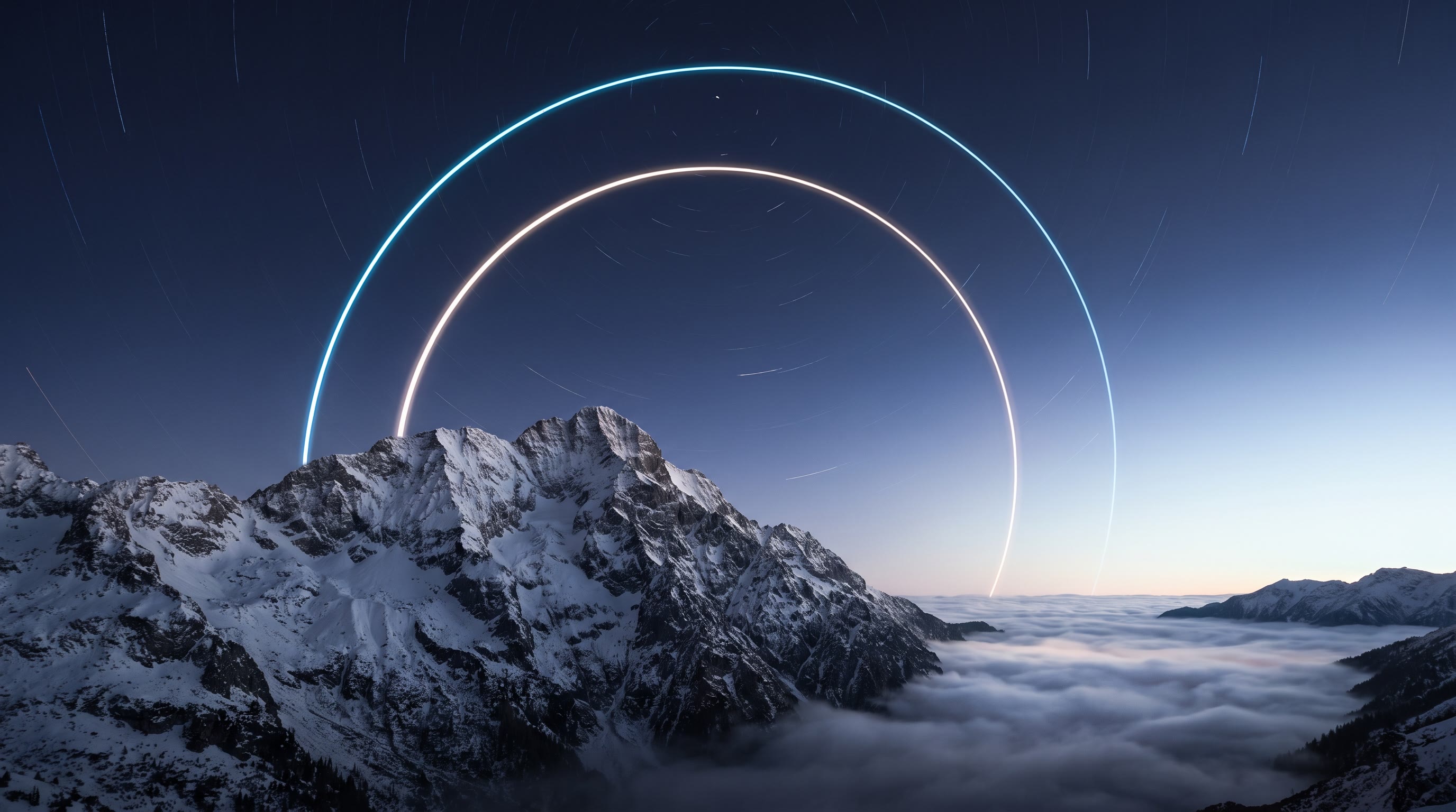 An alpine summit under two arcs of light, a two-day time-lapse