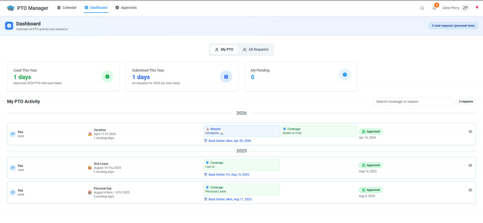 PTO Manager personal dashboard with usage stats and request history
