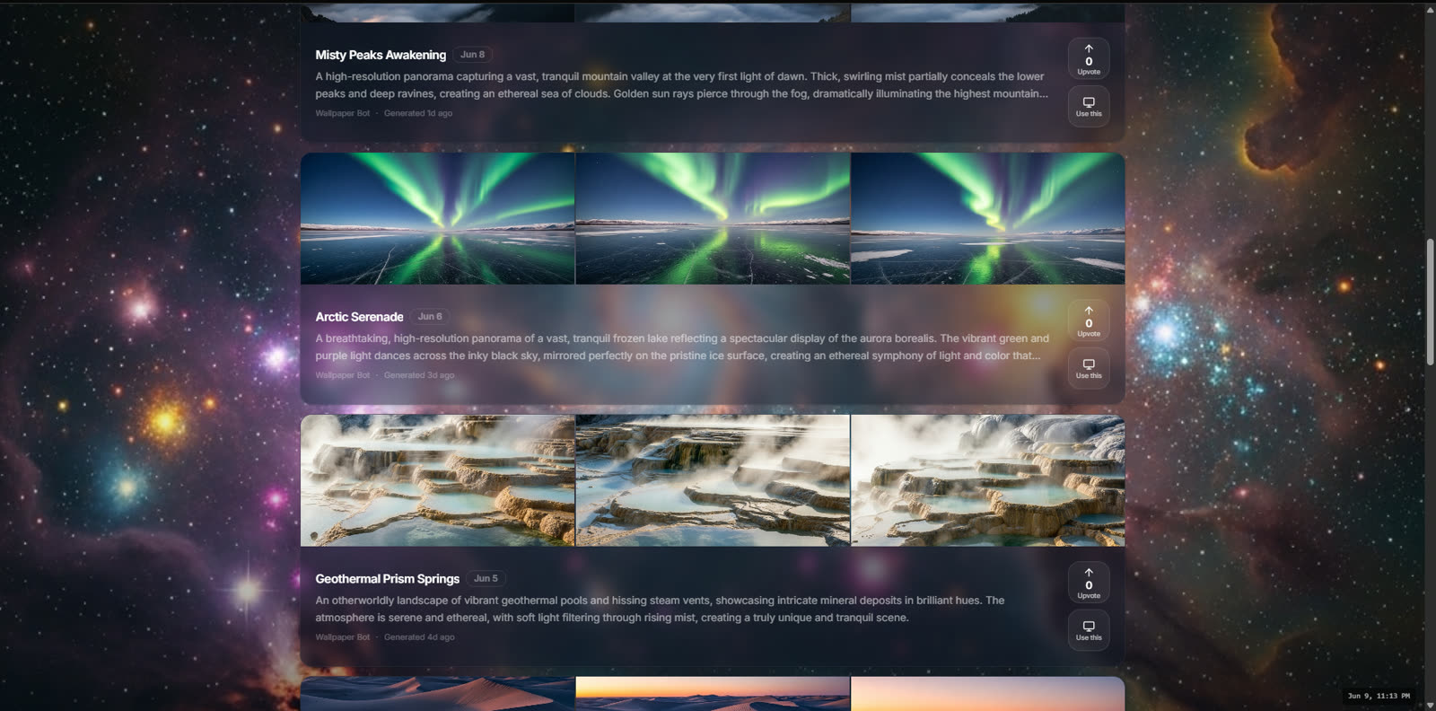 Theme library showing past generated wallpaper themes